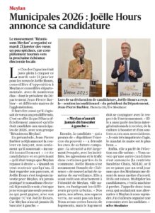 Article Dauphiné Libéré annonçant la candidature de Joëlle Hours aux élections municipales à Meylan